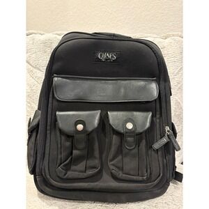 Chaps Black Canvas Backpack Multi Pocket Faux Leather Trim Travel School Bag